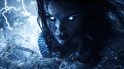 Elegant Mermaid Beauty Portrait Gazing at Camera Fiercely with Her Sharp Eye, Showing the Dark Side of Mermaid