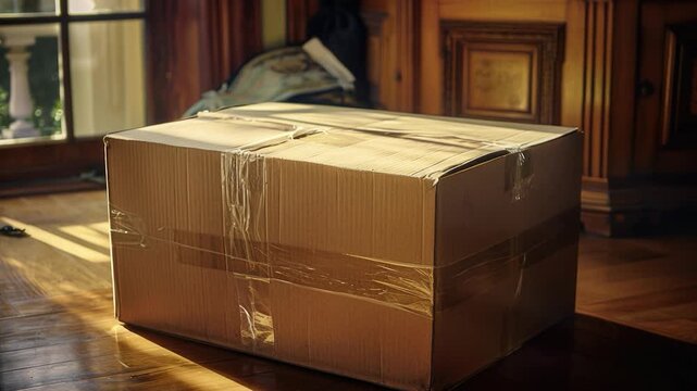 Video A simple cardboard box sits atop a wooden floor, ready for use or storage