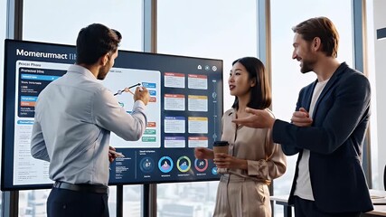 Two business professionals discuss data analytics and project timelines displayed on a large interactive digital screen in a modern office setting fostering collaboration and strategic planning - Powered by Adobe