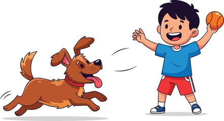 A cheerful boy playfully reaches for a basketball as a brown dog runs towards him
