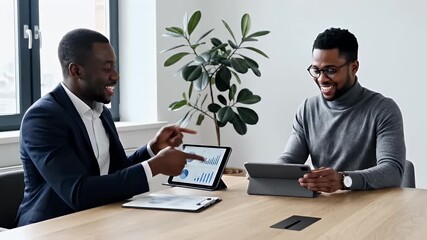 Two smiling business professionals discuss data analytics and financial projections during a collaborative meeting in a modern office setting showcasing teamwork and growth - Powered by Adobe