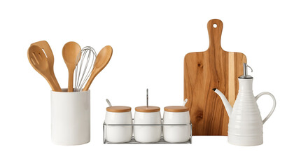 Kitchen Utensils and Oil Cruet on Black Background