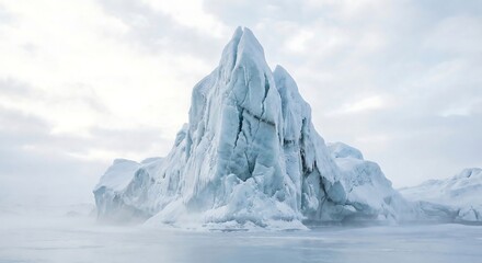A majestic towering iceberg floats serenely in a cold arctic ocean under a cloudy sky