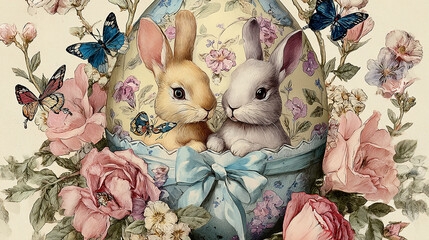 Vintage-style illustration of cute rabbits painting Easter egg with ribbons, bows, butterflies, and detailed floral decorations, playful and delicate festive spring design