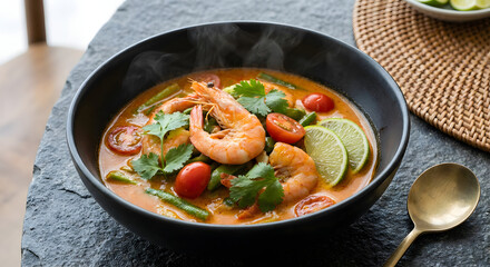 Delicious Shrimp and Tomato Soup with Lime and Fresh Herbs in Black Bowl