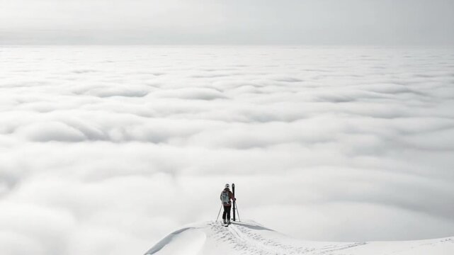 Person skiing on snowy mountain peak above clouds with ski poles