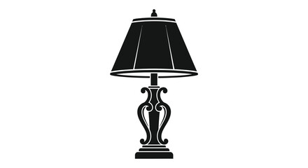 A classic black table lamp with an ornate base and shade presented as a silhouette