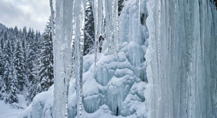 A stunning view of frozen waterfalls and icicles amidst a snowy winter landscape and forest backdrop