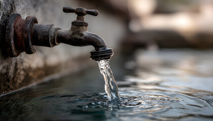 A closeup shot of a water tap pouring water into a pool. The tap is made of metal with a weathered appearance, and the water is clear with a slight sheen