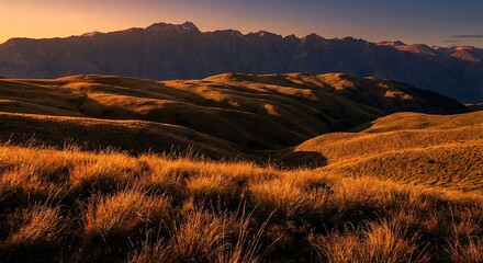 Golden hour illuminates rolling hills and distant mountains under a vibrant warm sunset sky