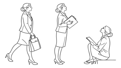 Minimalist Businesswoman Vector Line Art Illustration Set of Professional Female Office Poses in Clean Outline Style for Corporate and Editorial Design
