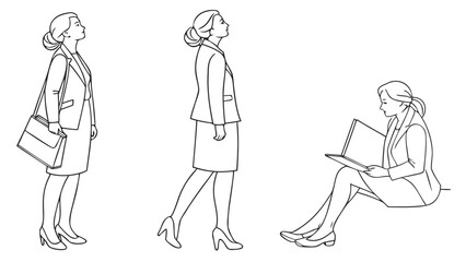 Minimalist Businesswoman Vector Line Art Illustration Set of Professional Female Office Poses in Clean Outline Style for Corporate and Editorial Design