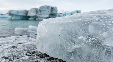 A close up view of glacial ice formations and a serene cold landscape in iceland