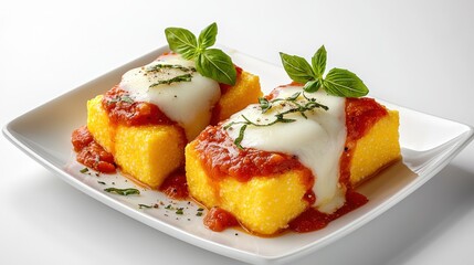 Delicious Italian Polenta Squares Topped with Melted Cheese and Tomato Sauce Garnished with Fresh Basil Leaves on a White Plate