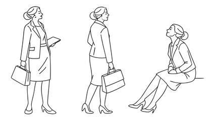 Minimalist Businesswoman Vector Line Art Illustration Set of Professional Female Office Poses in Clean Outline Style for Corporate and Editorial Design