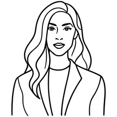 Minimalist line art illustration of an elegant woman wearing a blazer and a simple top with wavy hair and subtle facial features