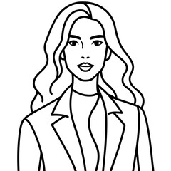 Elegant minimalistic line art portrait of a fashionable woman with flowing wavy hair wearing a stylish blazer and blouse, clean black and white vector illustration