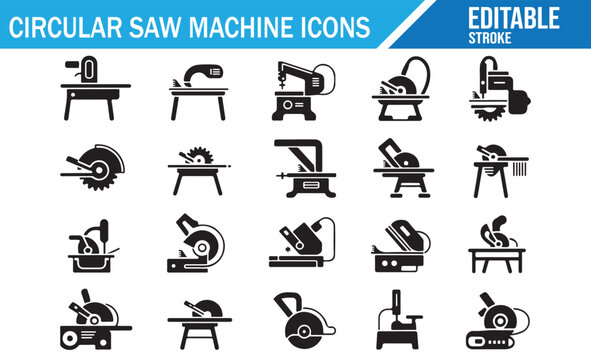 Set of Circular Saw Machine Solid Icons, Editable Stroke, Table Saw, Miter Saw, Portable Cutter, Woodworking Tools, Workshop Equipment, Vector Illustration.