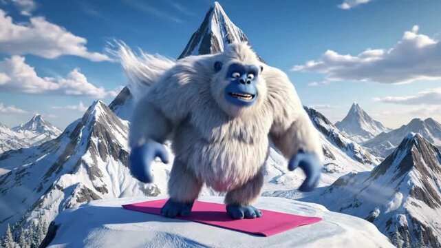 Humorous Animated Yeti Abominable Snowman Doing Yoga on a Mountain Peak, Portraying Wellness, Unexpected Fitness, and Serene Snowy Landscapes