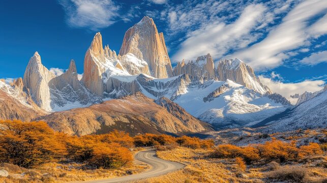 Majestic Fitz Roy Peaks: Autumnal Road Through Patagonia's Golden Landscape