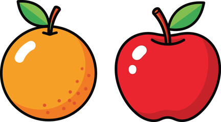 A vibrant illustration depicting a bright orange and a crisp red apple with green leaves