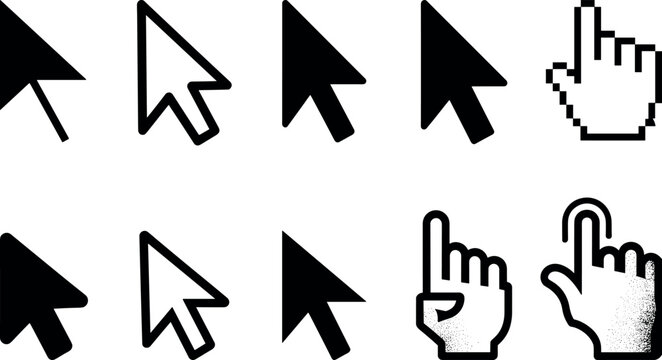 Cursor and hand pointer icon set, arrow mouse pointers for user interface design, web navigation symbols isolated white background vector