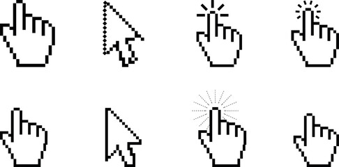 Pixel cursor hand icon set, clicking pointer symbols for user interface design, retro computer mouse click vectors isolated white background