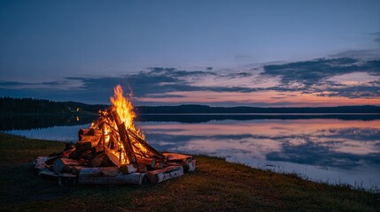 A blazing campfire lights up the tranquil lakeside at dusk, casting a warm glow as the sun sets. The serene waters reflect the fire and sky. The perfect scene for relaxation.