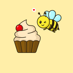 Honey Bee Loving a Cupcake Treat – Vector Illustration