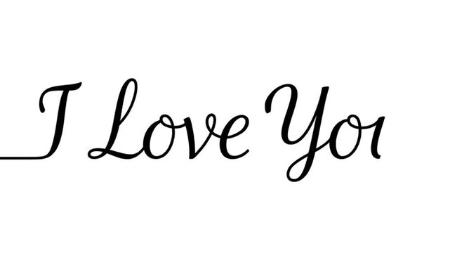 Elegant black cursive script typography spells out the phrase "I Love You" in a continuous line style on a stark white background perfect for romantic designs and heartfelt messages.