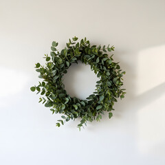 Elegant eucalyptus wreath adorning a minimalist white wall with subtle natural light