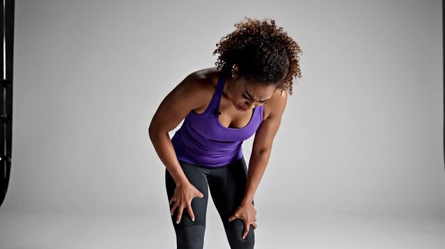 Dynamic Woman Displaying Pain and Fatigue After Intense Workout in Studio