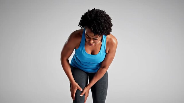 Dynamic Woman Experiencing Knee Pain During Exercise in Bright Studio Setting