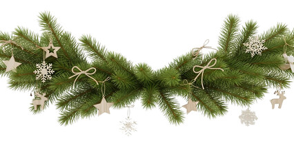 Christmas garland border with red and gold ornaments, pine cones, red ribbon bow and wooden snowflake, realistic pine branch winter frame isolated on white background