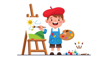 A young artist happily painting a cheerful landscape with bright colors on a canvas