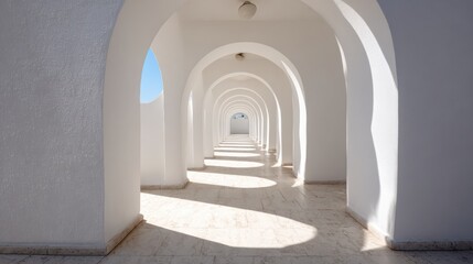 Obraz premium Pedestrian Passage Featuring White Arches With a Blank Sunlit Background in a Modern Architectural Design