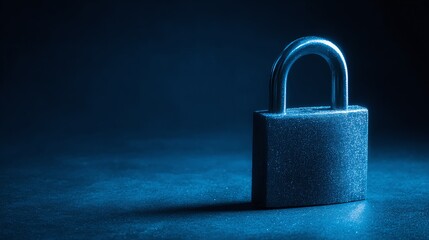 Fototapeta premium A sleek, metallic padlock stands prominently on a textured surface against a deep blue backdrop. It symbolizes security, protection, and the safeguarding of valuable assets.