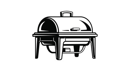 A detailed black and white illustration of a vintage warming chafing dish silhouette