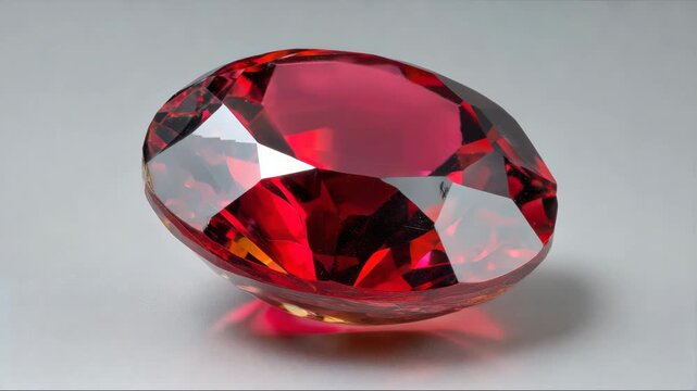 A deep red faceted gemstone with brilliant reflections, realistic photography style, placed on a smooth gray background, symbol of luxury