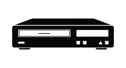 A black and white depiction of a vintage cassette player in simple silhouette