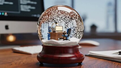 Whimsical Miniature Office Inside a Snow Globe with Falling Snow on a Wooden Desk, Capturing Work and Holiday Spirit - Powered by Adobe