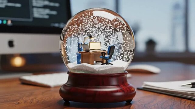 Whimsical Miniature Office Inside a Snow Globe with Falling Snow on a Wooden Desk, Capturing Work and Holiday Spirit