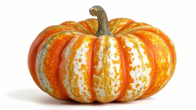 A striped ornamental pumpkin with vibrant orange and white patterns, photographed in natural style on a clean white background, symbolizing autumn harvest