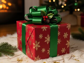 Festive Christmas Gift Box with Ribbon and Holiday Decoration