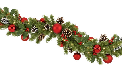 Christmas garland border with red and gold ornaments, pine cones, red ribbon bow, wooden snowflake, holly berries, and natural reindeer, realistic pine branch winter frame isolated on white background