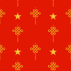 Chinese, Lunar new year seamless pattern.Gold Chinese knot and stars repeat pattern isolated on red background.Spring Festival background.Lucky charms pattern vector graphic illustration wallpaper.