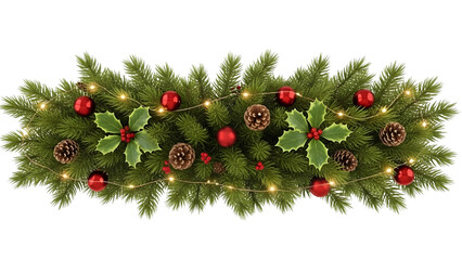 Christmas garland border with red and gold ornaments, pine cones, red ribbon bow and wooden snowflake, realistic pine branch winter frame isolated on white background