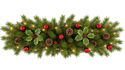 Christmas garland border with red and gold ornaments, pine cones, red ribbon bow and wooden snowflake, realistic pine branch winter frame isolated on white background