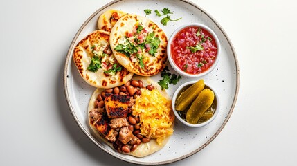 Traditional Mexican breakfast plate featu tacos with beans rice and vegetables served with salsa and pickles on a white plate