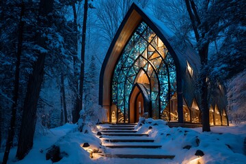A futuristic chapel with intricate stained glass windows glows with blue light in a snowy winter forest at dusk.